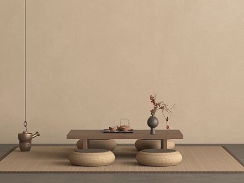 诧寂风茶台茶桌椅茶室su模型