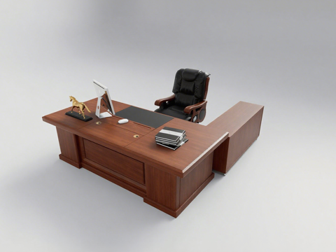 现代红木老板桌椅 总裁办L形紫光檀桌 头层黑牛皮办公椅 金马su模型