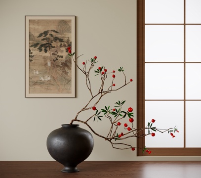 新中式插花花艺 陶罐花瓶花艺 挂画su模型