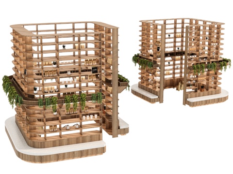 图书馆书架 环形书架 休闲卡座 绿植吊篮书柜 展架展柜su模型