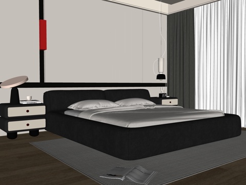 现代卧室 双人床 床头柜 儿童房su模型