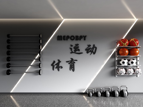 运动背景墙 健身房背景墙 运动器械 篮球 足球 网球拍su模型