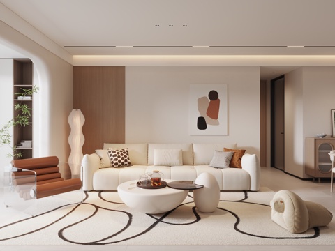 现代奶油风客厅 无主灯 小户型 布艺多人沙发 茶几 地毯 休su模型