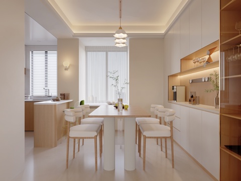奶油原木风餐厅su模型