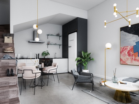  北欧公寓客厅餐厅 沙发茶几 吊灯 桌面摆件 挂画 电视柜3d模型 