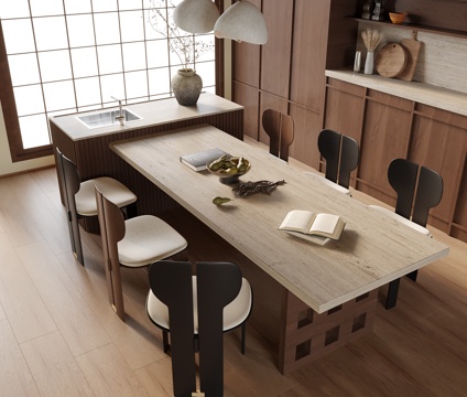 中古风餐桌椅 餐厅 岛台餐桌 餐椅 餐边柜 吊灯su模型