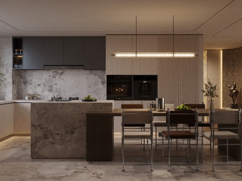 现代意式岛台餐厅 轻奢意式餐厅 开放式餐厅 岛台餐桌椅 餐椅su模型