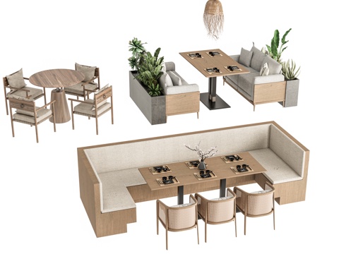 户外卡座 餐桌椅环形卡座 绿植花箱 餐饮店餐桌椅卡座 四人桌su模型