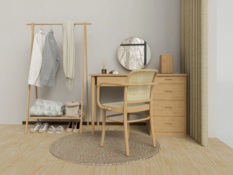 ​北欧风衣帽架 浅木色衣架 梳妆台 编织椅 香薰饰品su模型