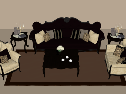 欧式沙发茶几组合 台灯 饰品摆件su模型