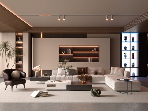 现代意式客餐厅 客厅背景su模型