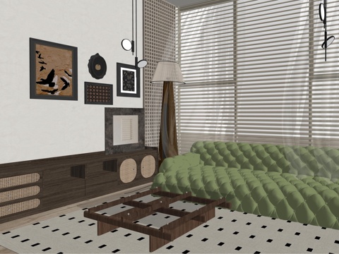 中古风客厅多人沙发坐椅su模型