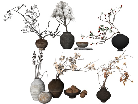 侘寂风花瓶植物装饰摆件su模型