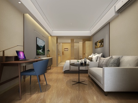  北欧现代轻奢单身公寓酒店 北欧风公寓 酒店客房 卧室客厅3d模型 