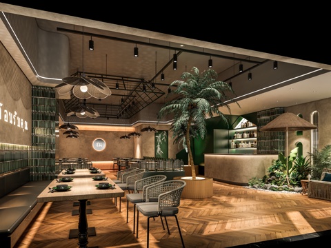 现代港式东南亚茶餐厅 餐桌椅卡座 餐饮前台 绿植丛热带绿植su模型