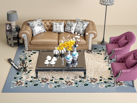 欧式沙发茶几组合 台灯 饰品摆件su模型