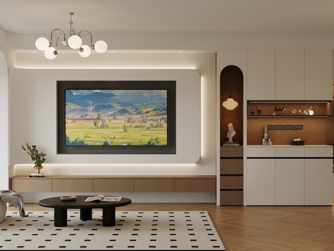  现代奶油风客餐厅 现代客餐厅 中古风客餐厅3d模型 