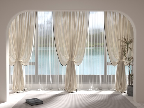 中古奶油纱帘su模型