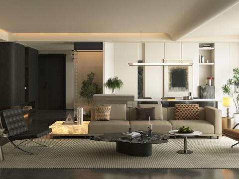 新中式禅意家居客厅 中式宋式客厅 宋式美学客餐厅 沙发茶几su模型