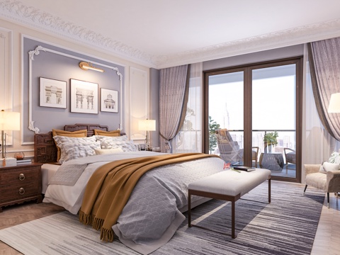  美式温馨卧室3d模型 