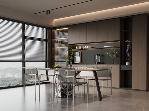 现代意式餐厅 酒柜 餐桌椅su模型