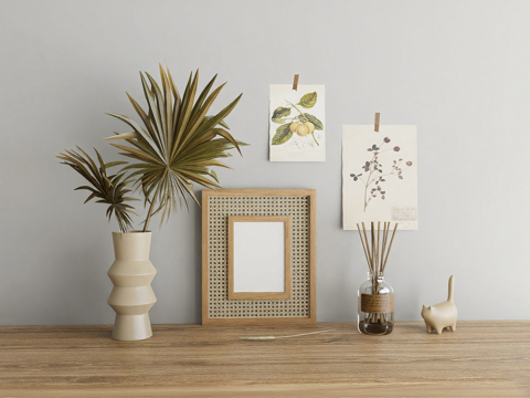 北欧风桌面装饰 藤编相框 棕榈叶花瓶 香薰瓶 小猫摆件su模型