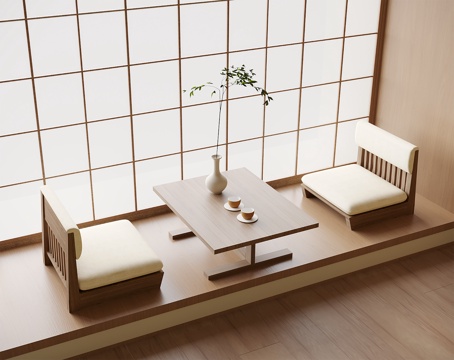 日式飘窗茶桌椅  阳台茶桌椅 小茶桌 茶椅su模型