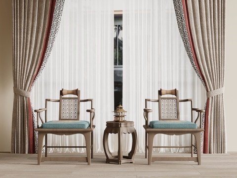 中式休闲椅 单人椅 边几 窗帘su模型