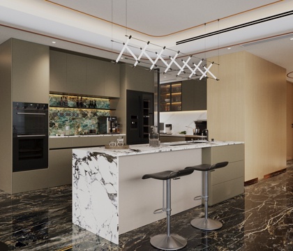 现代意式岛台餐厅 轻奢意式餐厅 开放式餐厅 岛台餐桌椅su模型