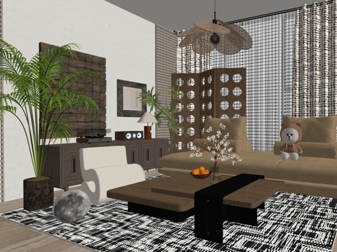 中古风家装客厅多人沙发su模型