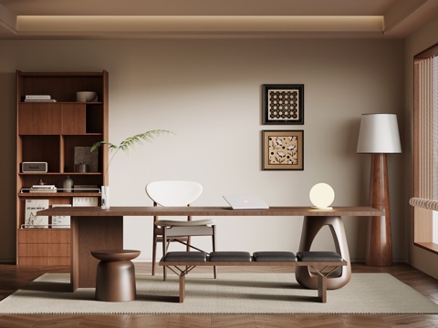 中古书房 书桌椅 书柜 落地灯su模型