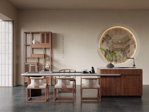 新中式茶室 茶桌椅 茶台 博古架su模型