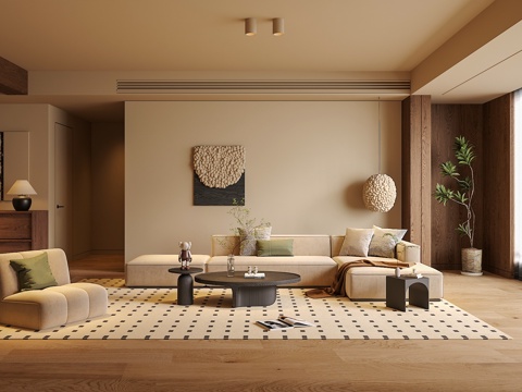 中古侘寂风客厅 沙发茶几组合 绿植 饰品摆件 台灯  背景墙su模型