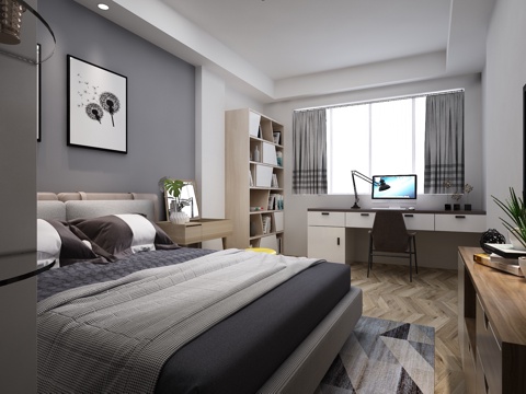  现代简约卧室 电视柜 衣柜 书柜 双人床 梳妆台 3D模型3d模型 