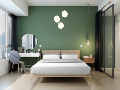  北欧主卧室 吊灯 床具 梳妆台简欧卧室 双人床3d模型 