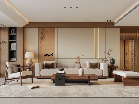 禅意新中式家居客厅 宋代美学家具 沙发茶几组合 客厅沙发背景su模型
