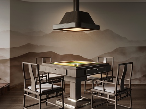 新中式麻将桌 棋牌室 麻将室su模型