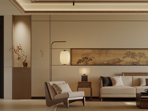 新中式禅意家居客厅 中式宋式客厅 宋式美学客餐厅 沙发茶几su模型