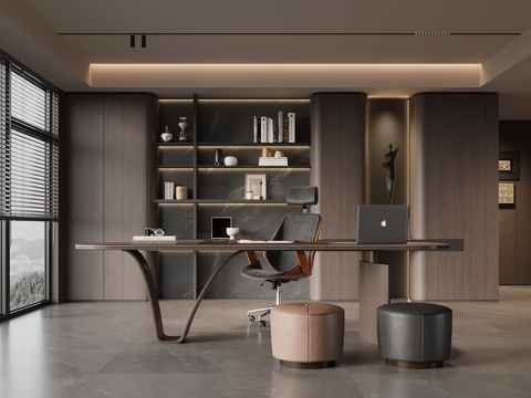 现代意式书房 书柜 书桌椅 办公桌椅su模型