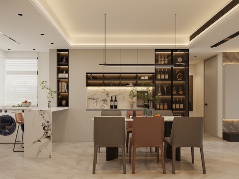  现代餐厅 意式餐厅 岛台 开放式厨房 西厨 餐桌 酒柜 轻奢3d模型 