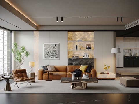 现代意式客厅 轻奢意式客厅 高级灰客厅 皮革沙发 沙发茶几su模型su模型