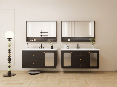 现代美式浴室柜 悬挂式双柜体 智能镜柜 悬浮双镜智能浴室柜su模型