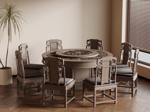 中式餐桌椅 圆形餐桌 实木餐桌su模型