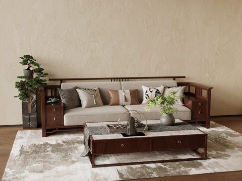 新中式沙发茶几组合 实木沙发 多人沙发su模型