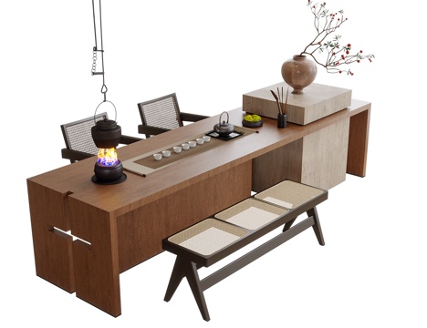 现代茶桌椅 长凳 茶具摆件 花瓶花艺 茶椅su模型