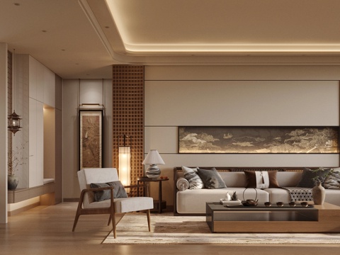 新中式禅意家居客厅 中式宋式客厅 宋式美学客餐厅 沙发茶几su模型