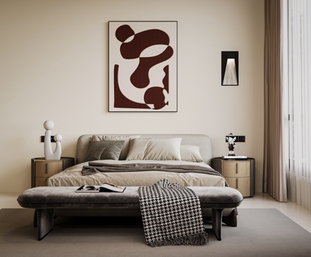  现代双人床 布艺床 床头柜台灯壁灯  床尾凳3d模型 