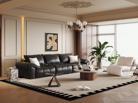  法式中古风客厅 横厅 中古风客厅 中古风沙发3d模型 