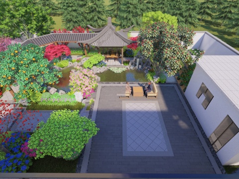 新中式庭院花园   庭院景观su模型