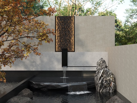  现代新中式 禅意景观 水景墙 流水景墙 山石景观 砾石汀步组3d模型 